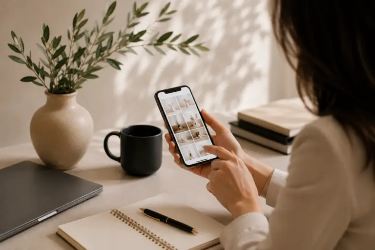 Nahaufnahme einer Frau, die an einem Schreibtisch mit Vase, Kaffeetasse, Laptop und Notizbuch ein Smartphone hält und eine Instagram-Rasteransicht mit mehreren Fotos durchsieht