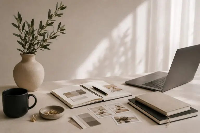 Schreibtisch mit aufgeschlagenem Planer mit Farbmustern, kleinen ausgedruckten Fotos, einem Laptop, gestapelten Büchern, einer Vase mit Olivenzweig und einer Kaffeetasse im Sonnenlicht