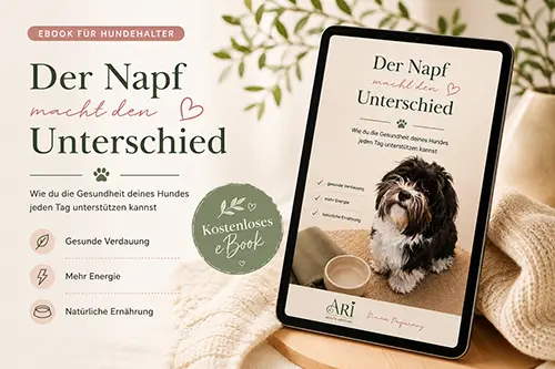 Tablet-Mockup des eBook-Covers „Der Napf macht den Unterschied" mit einem Hund vor seinem Futternapf, Themen Gesunde Verdauung, Mehr Energie und Natürliche Ernährung, Badge „Kostenloses eBook"