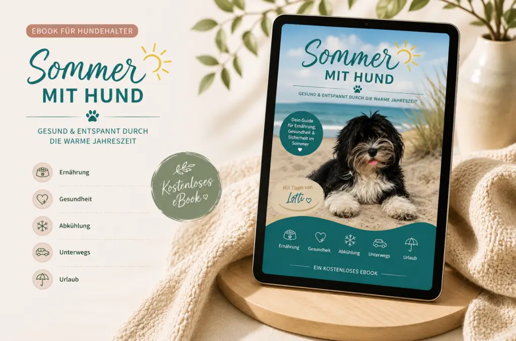Tablet-Mockup des eBook-Covers „Sommer mit Hund": ein Hund am Sandstrand, mit Icons zu Ernährung, Gesundheit, Abkühlung, Unterwegs und Urlaub, Badge „Kostenloses eBook"
