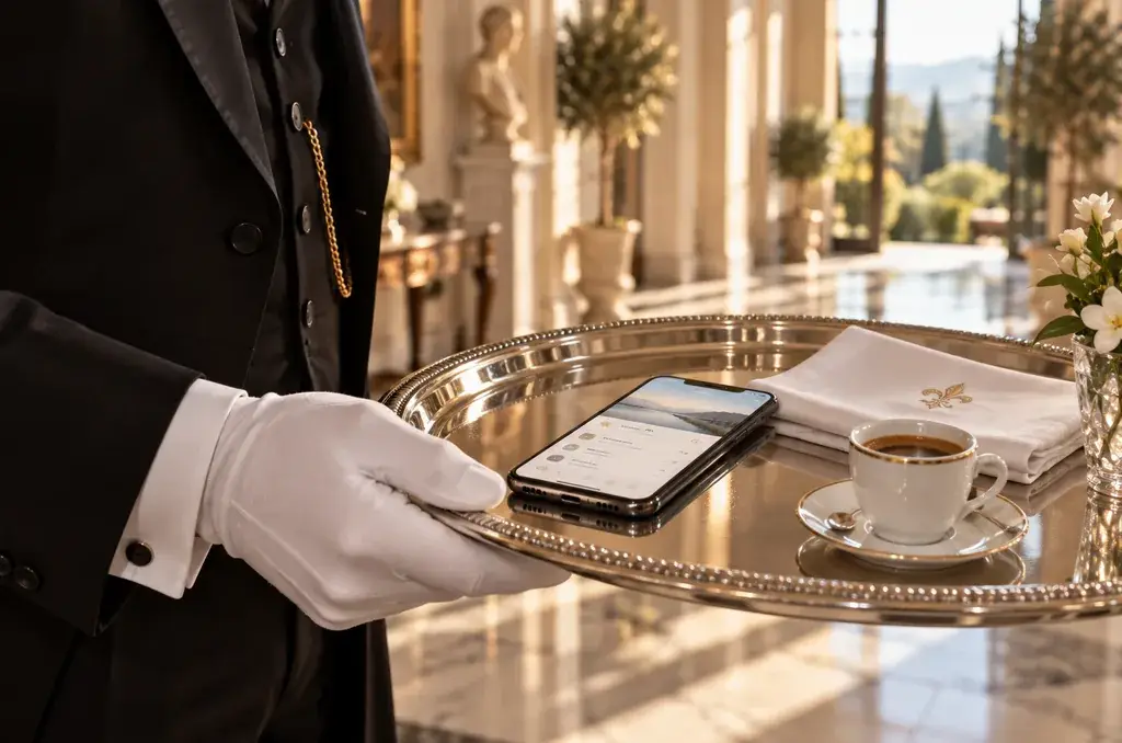 Behandschuhte Butlerhand hält ein Silbertablett mit Smartphone, Espresso und Leinenserviette in einer sonnigen Villa