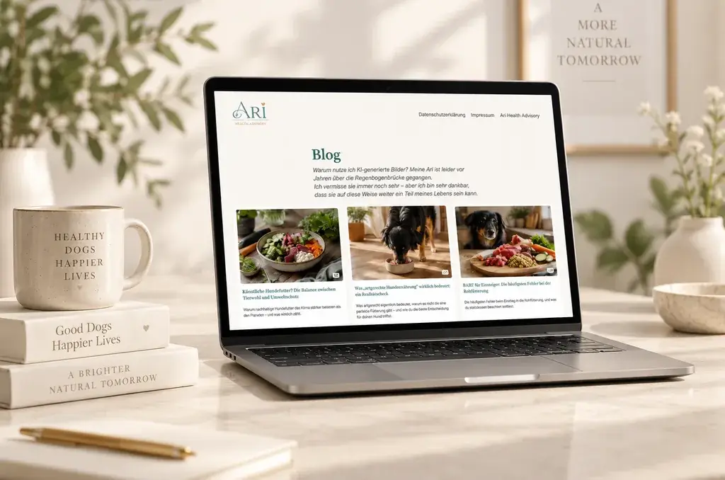 Laptop mit der Blog-Übersicht des Ari Health Blogs und drei Artikelkarten zur Hundeernährung, daneben eine Tasse und Bücher auf einem hellen Schreibtisch