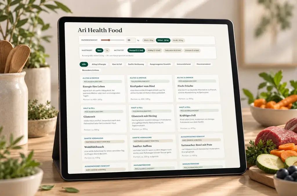 Tablet auf einem hellen Holztisch zeigt die Rezeptübersicht der App Ari Health Food mit Reglern für Hundegewicht, Kastration und Aktivität, daneben frisches Gemüse, Rindfleisch und Kräuter