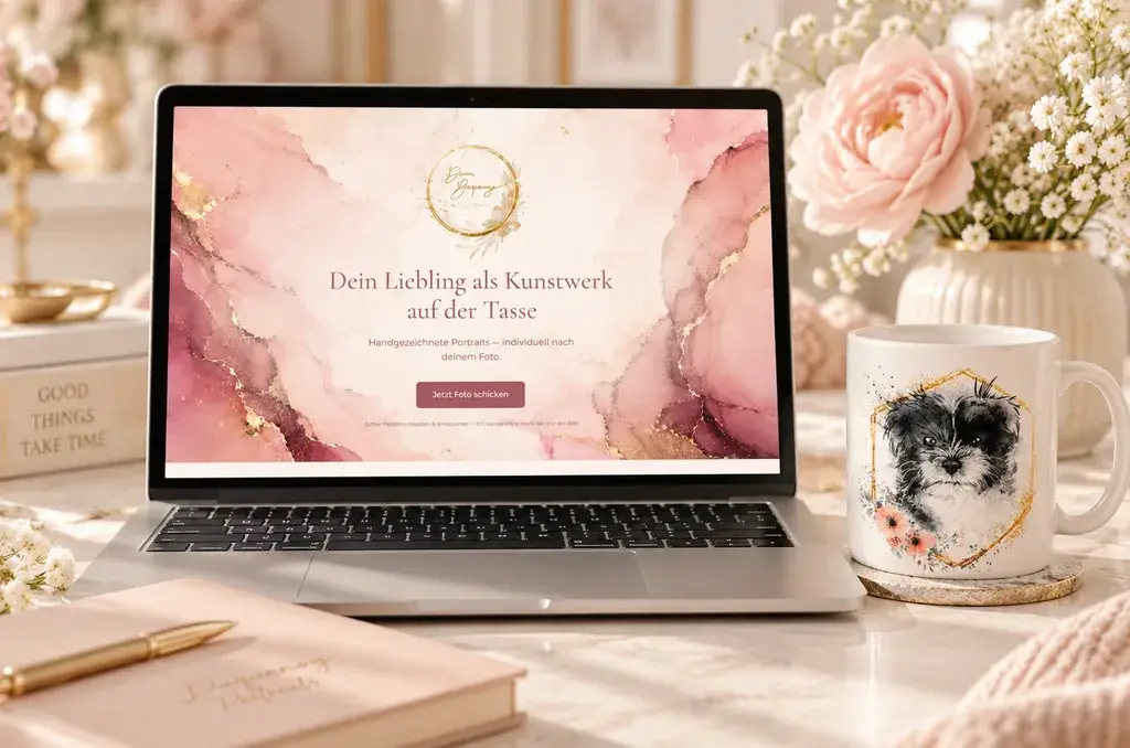Laptop mit der Startseite von Duquenoy Portraits „Dein Liebling als Kunstwerk auf der Tasse“, daneben eine Tasse mit gezeichnetem Hundeportrait und rosa Blumen