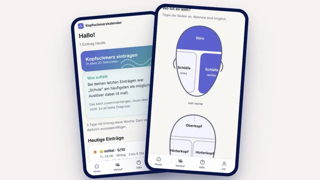Zwei Smartphones mit der App Kopfschmerzkalender: links der Startbildschirm, rechts die Schmerzort-Eingabe über eine Kopf-Silhouette.